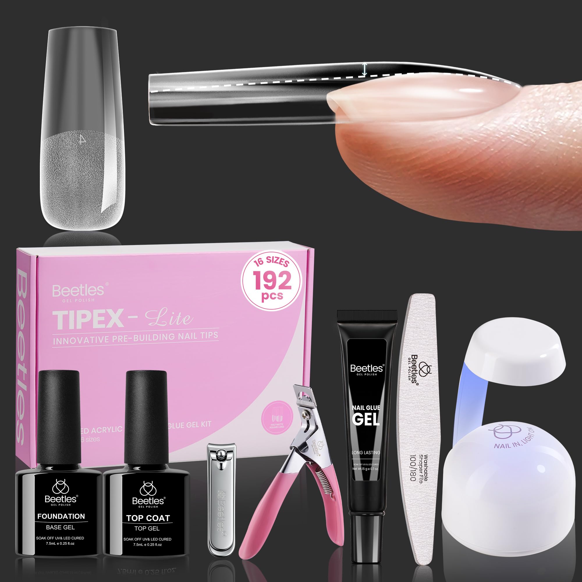 Beetles Tipex Lite Apex Nail Tips Kit – 192pcs, 16 Sizes, UV Glue