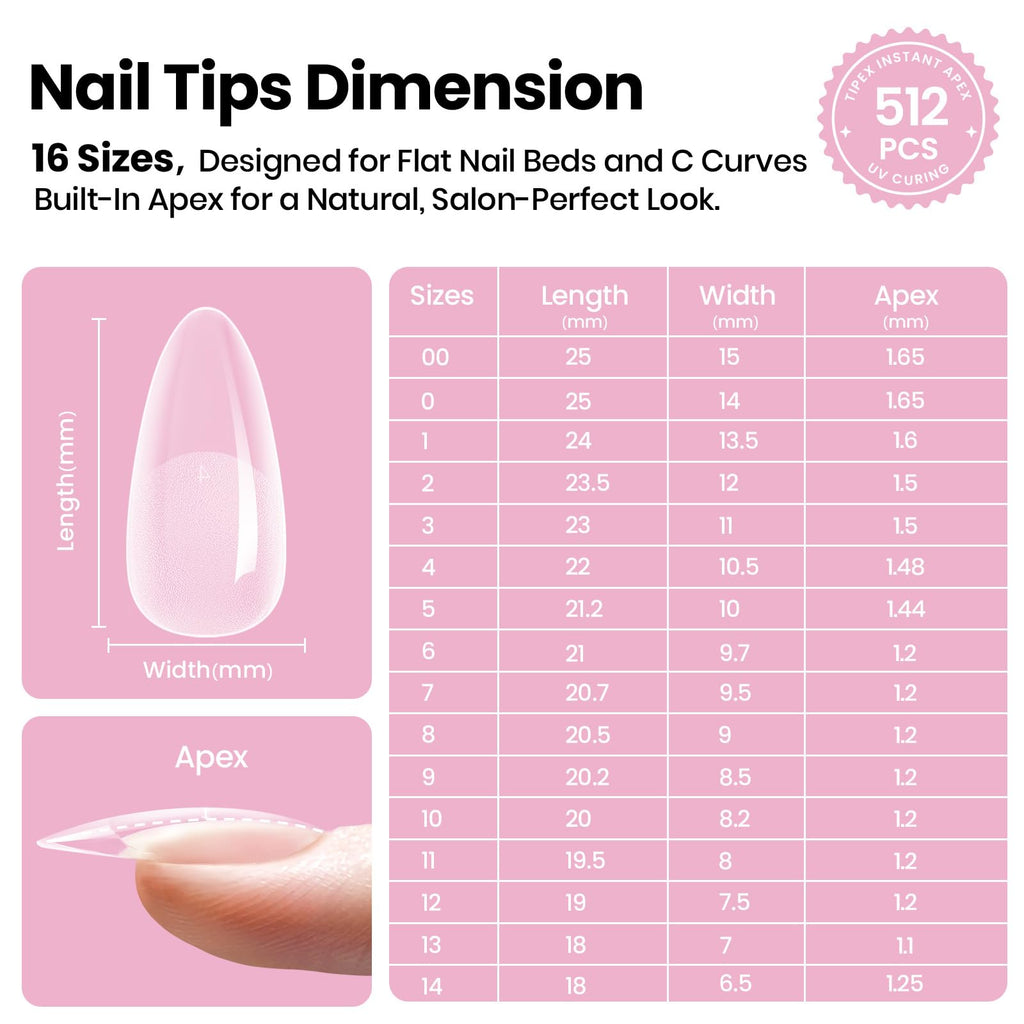 Beetles Tipex Lite Apex Nail Tips Almond Medium | 512pcs, 16 Sizes, Pre-Built & Pre-Etched