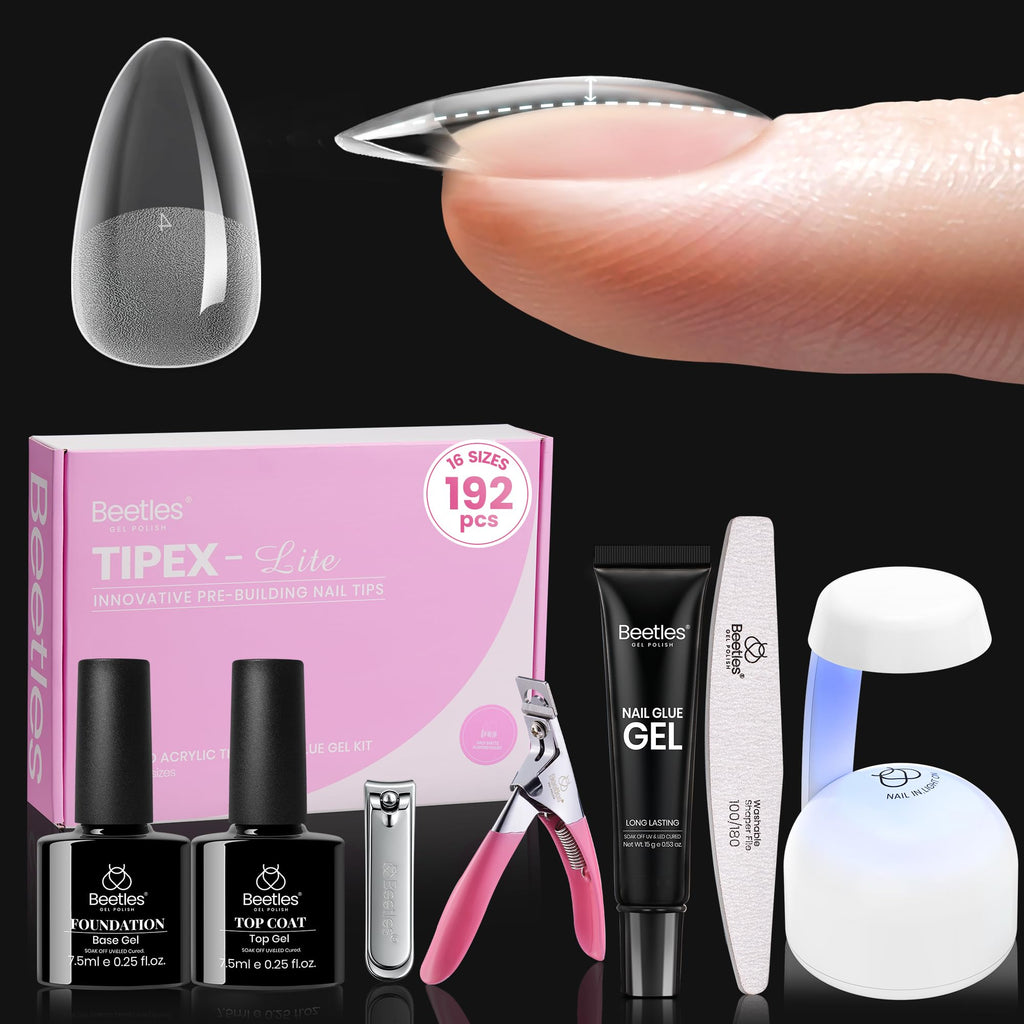 Beetles Tipex Lite Apex Nail Tips Kit – Almond Short, 192pcs + UV Glue, Base & Top Coat, Mini Lamp