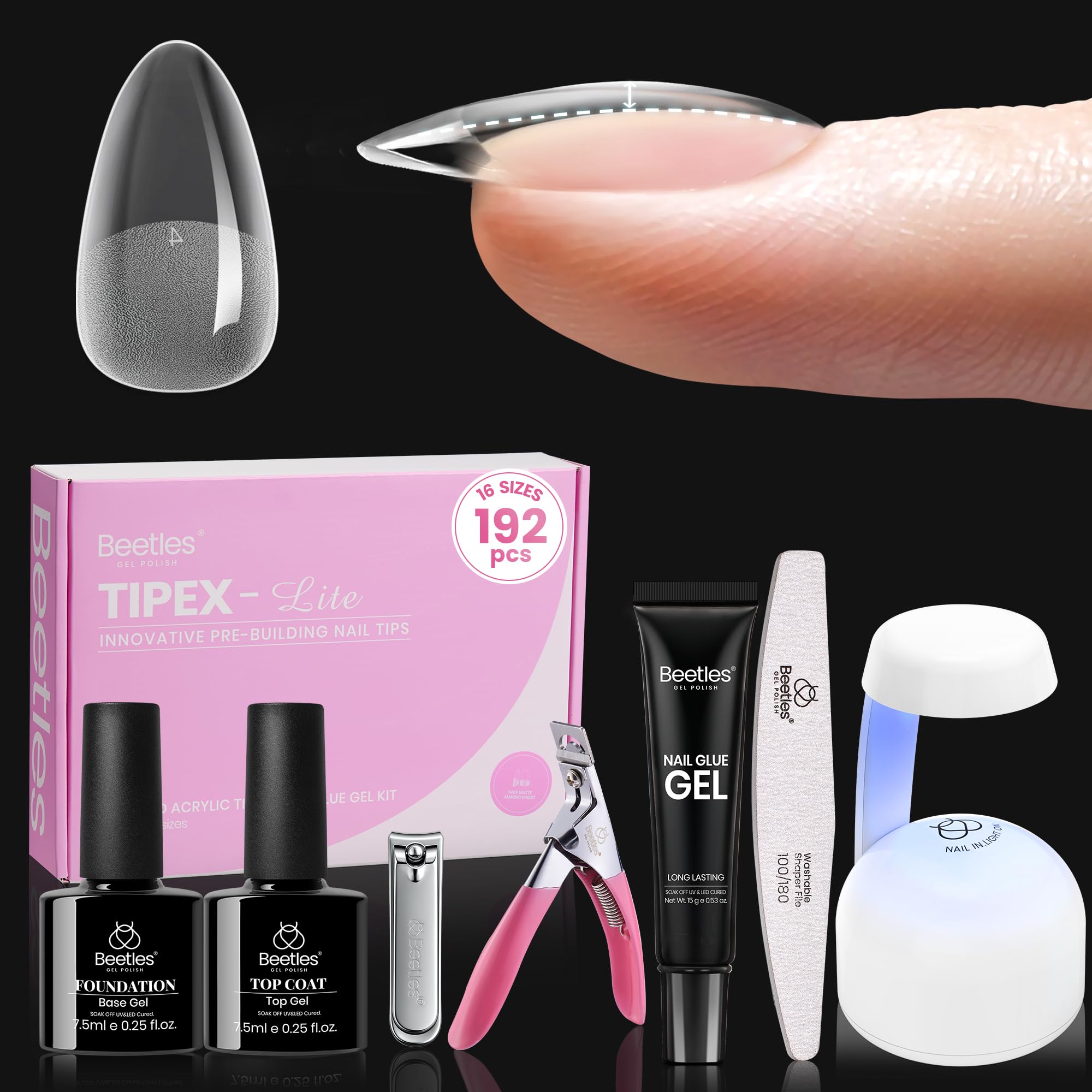 Beetles Tipex Lite Apex Nail Tips Kit – Almond Short, 192pcs + UV Glue, Base & Top Coat, Mini Lamp