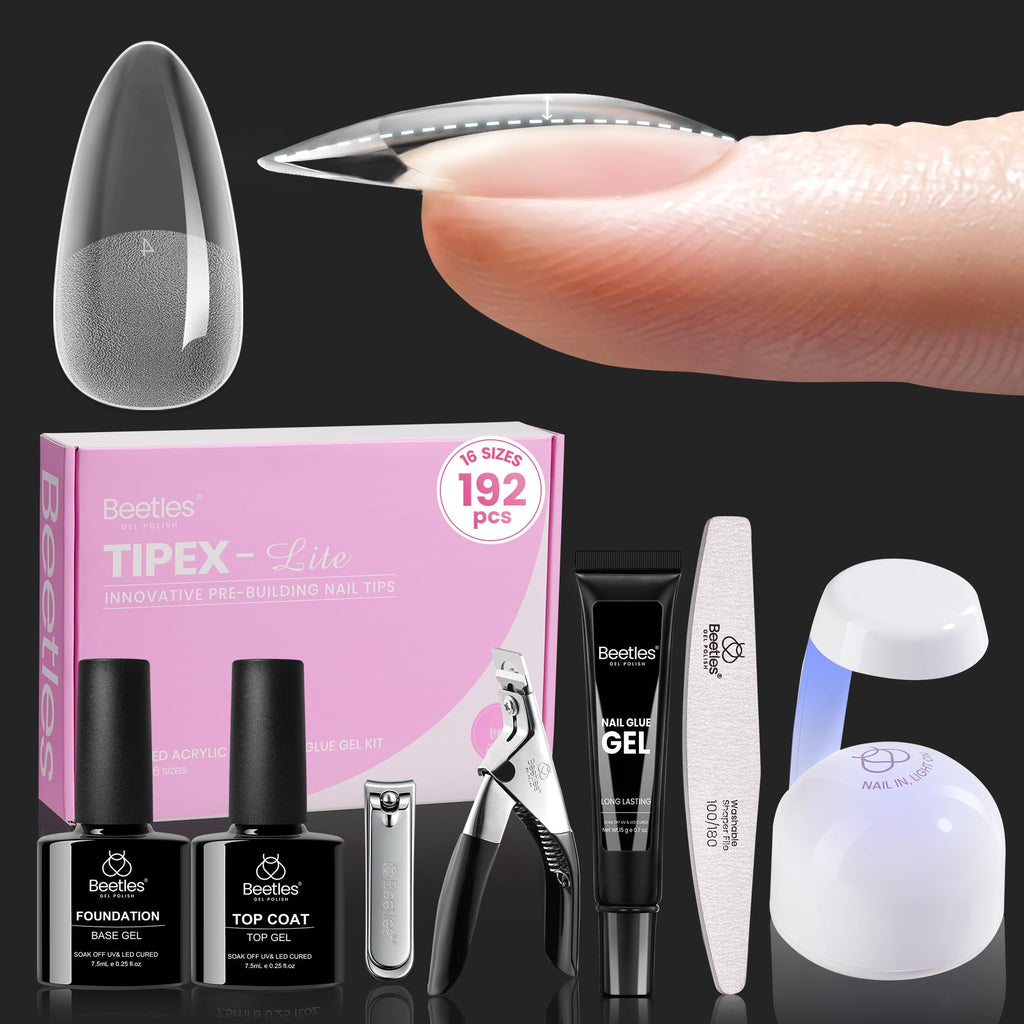 Beetles Tipex Lite Apex Nail Tips Kit – Almond Medium, 192pcs, UV Glue & Mini Lamp