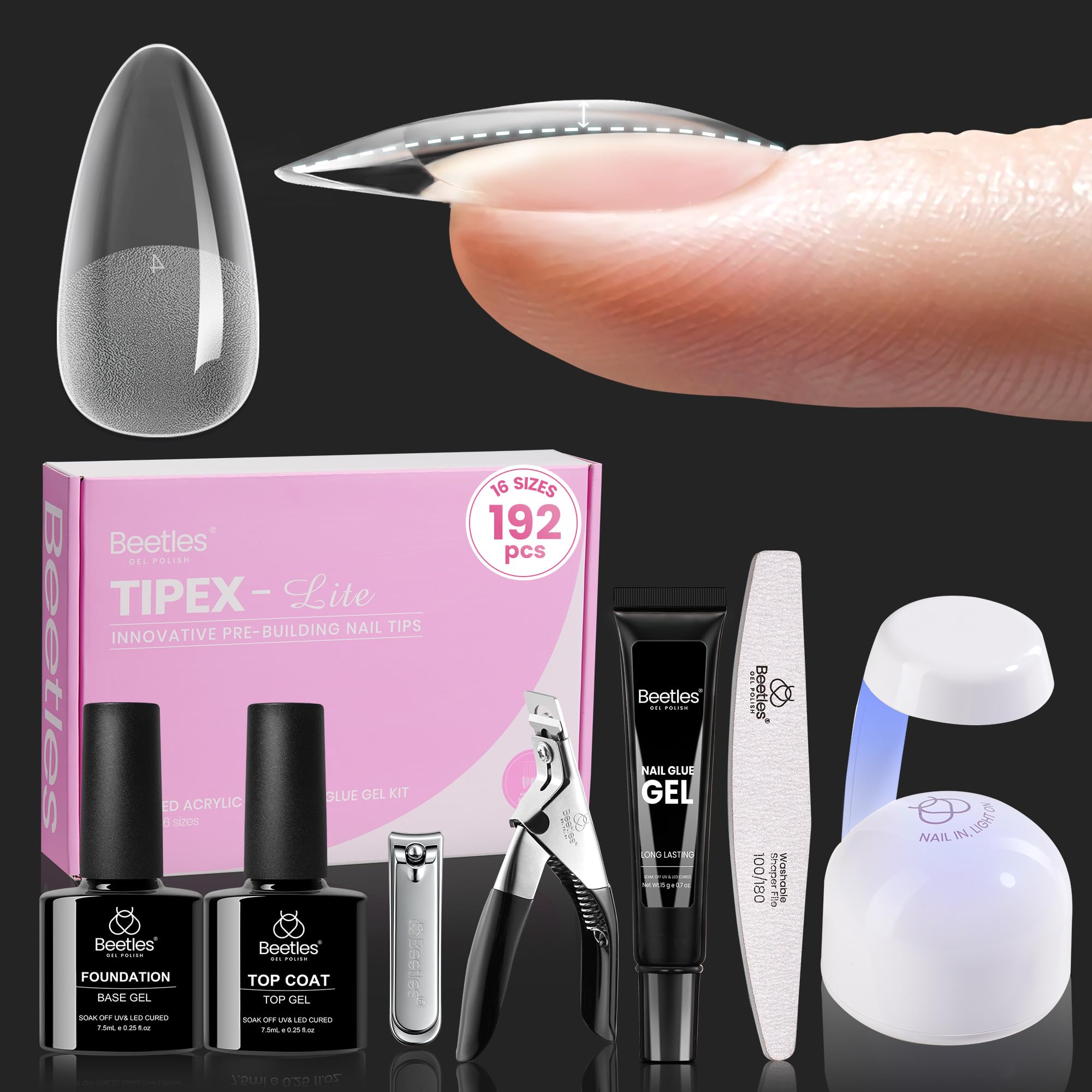 Beetles Tipex Lite Apex Nail Tips Kit – Almond Medium, 192pcs, UV Glue & Mini Lamp