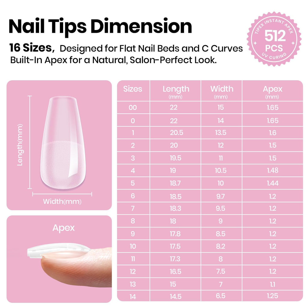 Beetles Tipex Lite Apex Nail Tips – Coffin Short, 512pcs, 16 Sizes | Pre-Built, Pre-Etched for Flat Nails & Natural C-Curves