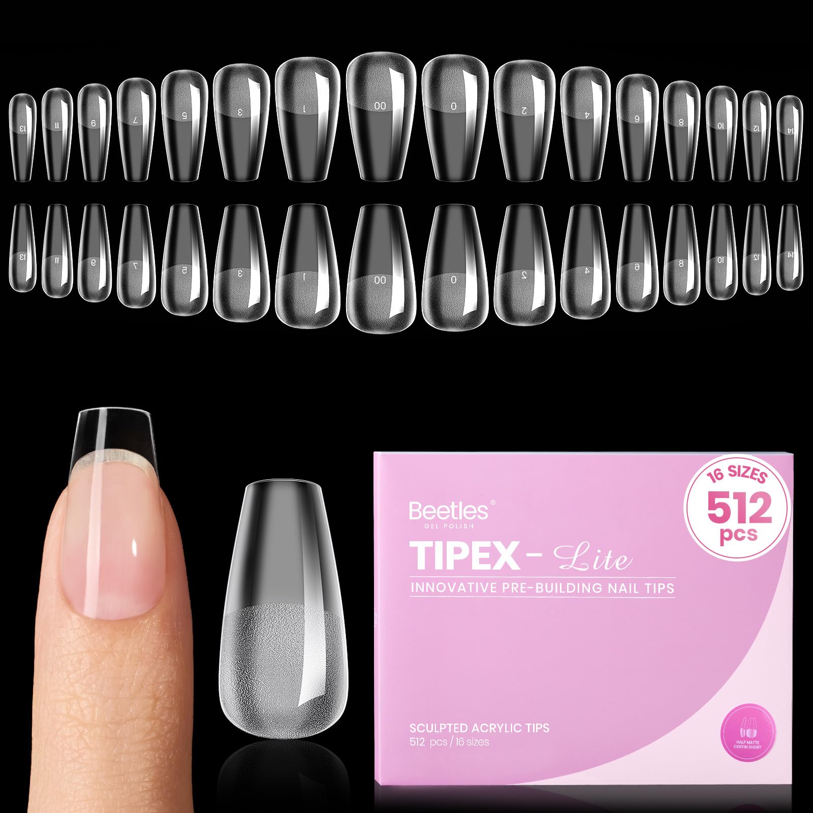 Beetles Tipex Lite Apex Nail Tips – Coffin Short, 512pcs, 16 Sizes | Pre-Built, Pre-Etched for Flat Nails & Natural C-Curves