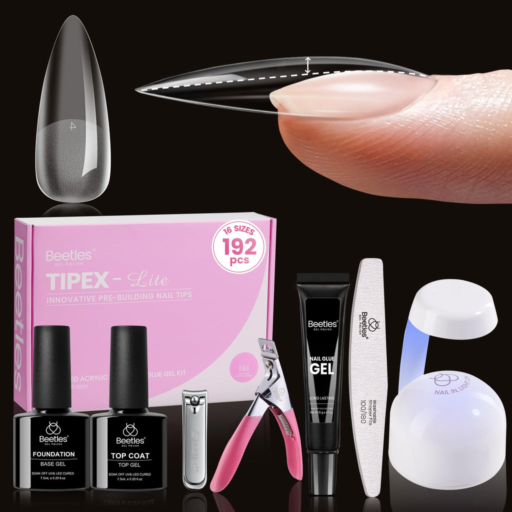 Beetles Tipex Lite Apex Nail Tips Kit — Stiletto Medium, 192pcs, UV Glue, Base & Top Coat, Mini Lamp & Tools