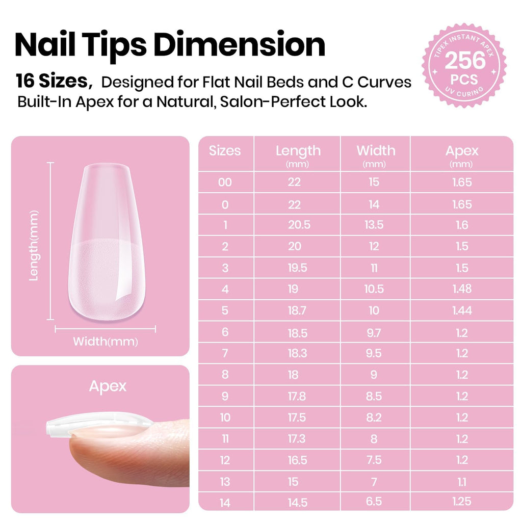Beetles Tipex Lite Apex Nail Tips – Coffin Short, 256pcs, 16 Sizes, Pre-Built Apex