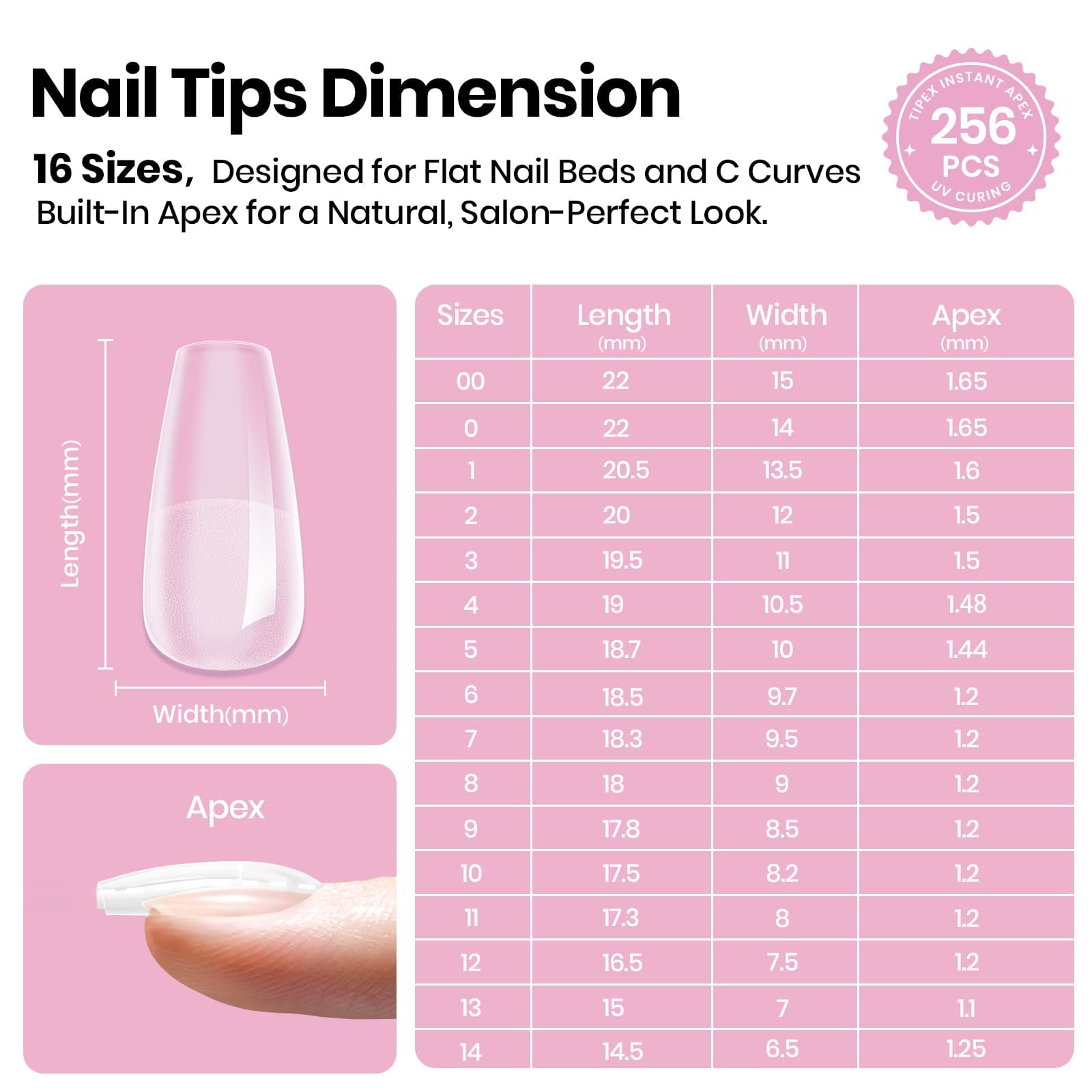 Beetles Tipex Lite Apex Nail Tips – Coffin Short, 256pcs, 16 Sizes, Pre-Built Apex