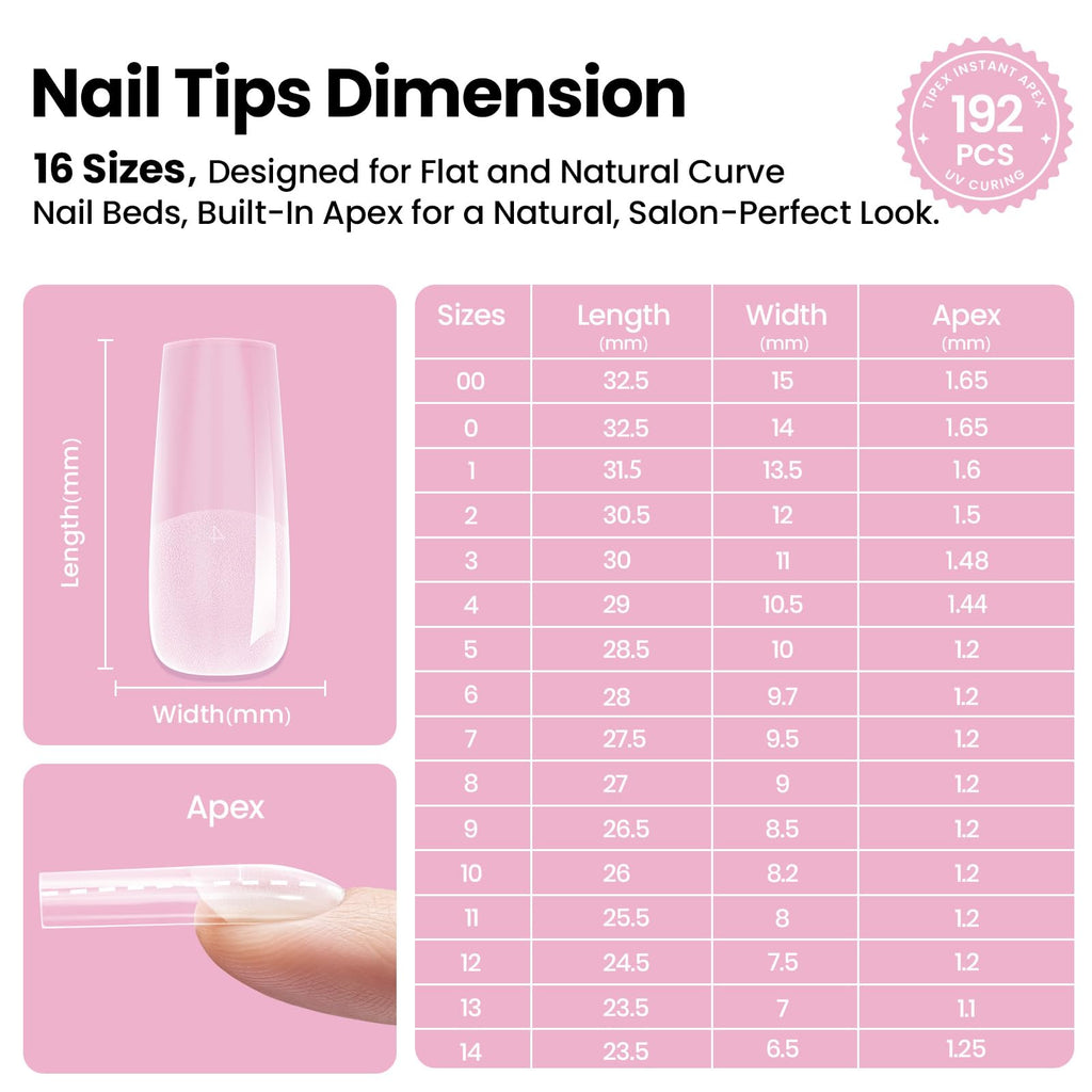 Beetles Tipex Lite Apex Nail Tips Kit – 192pcs, 16 Sizes, UV Glue