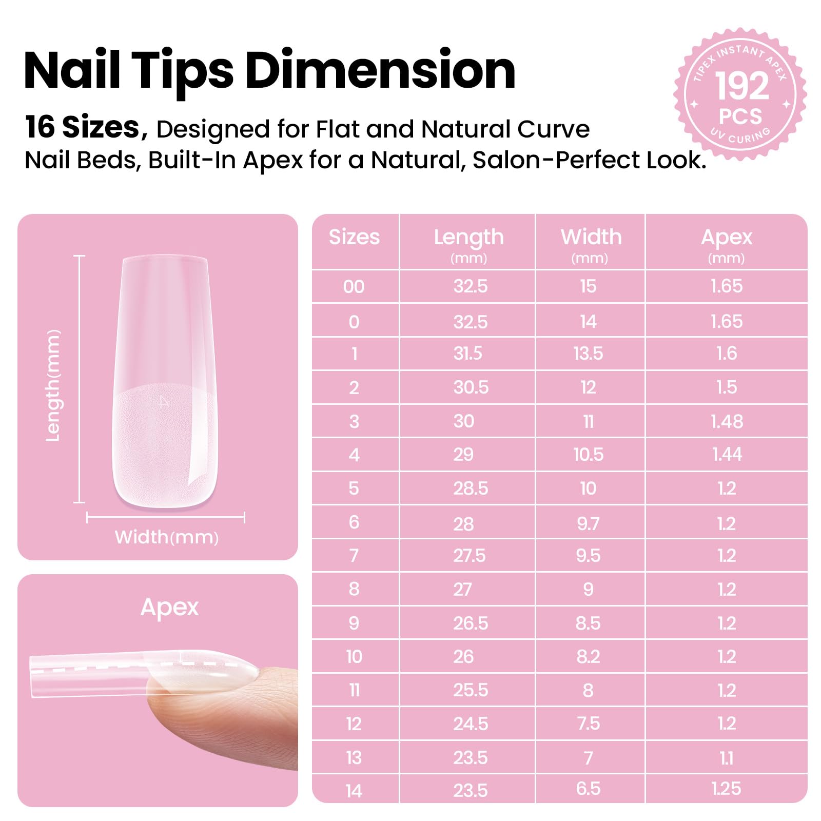 Beetles Tipex Lite Apex Nail Tips Kit – 192pcs, 16 Sizes, UV Glue