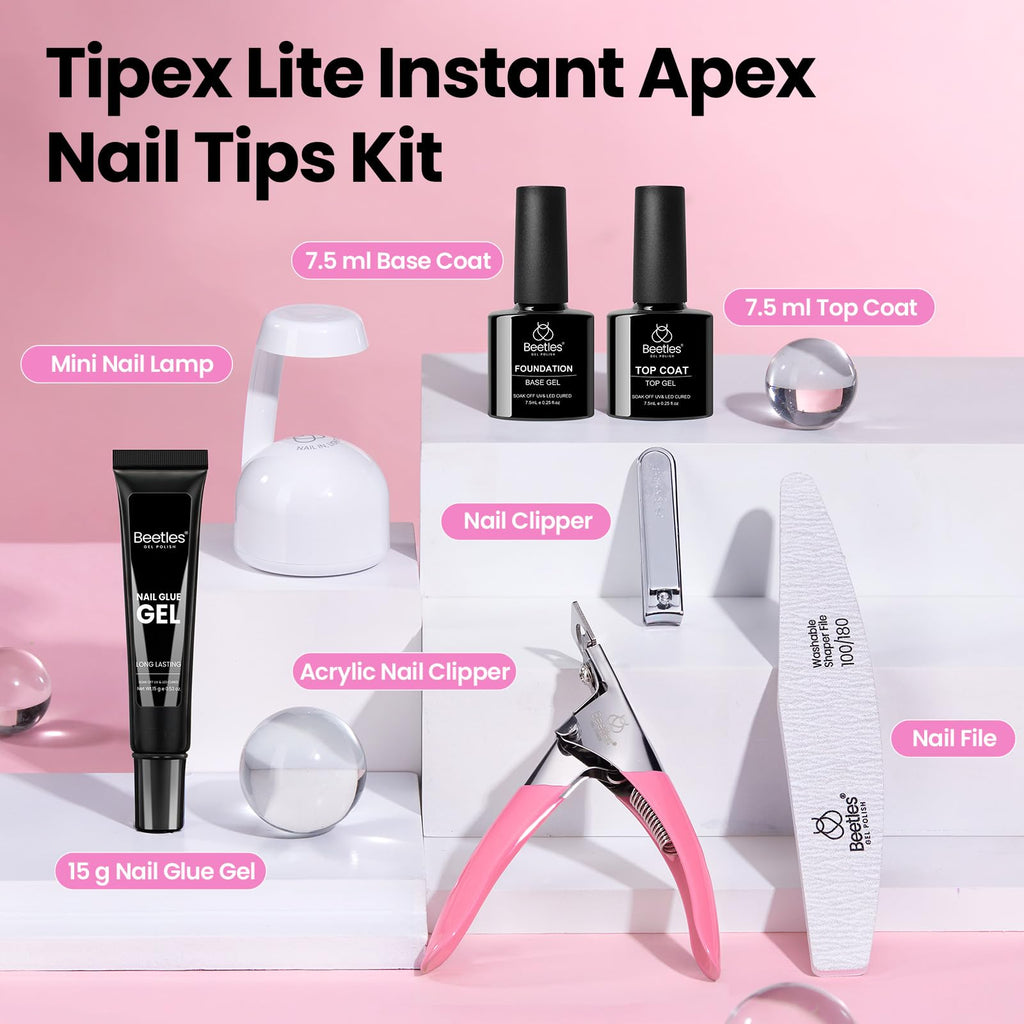 Beetles Tipex Lite Apex Nail Tips Kit — Stiletto Medium, 192pcs, UV Glue, Base & Top Coat, Mini Lamp & Tools
