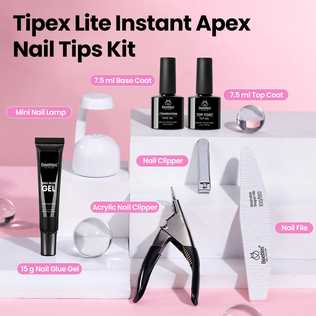 Beetles Tipex Lite Apex Nail Tips Kit – Almond Medium, 192pcs, UV Glue & Mini Lamp