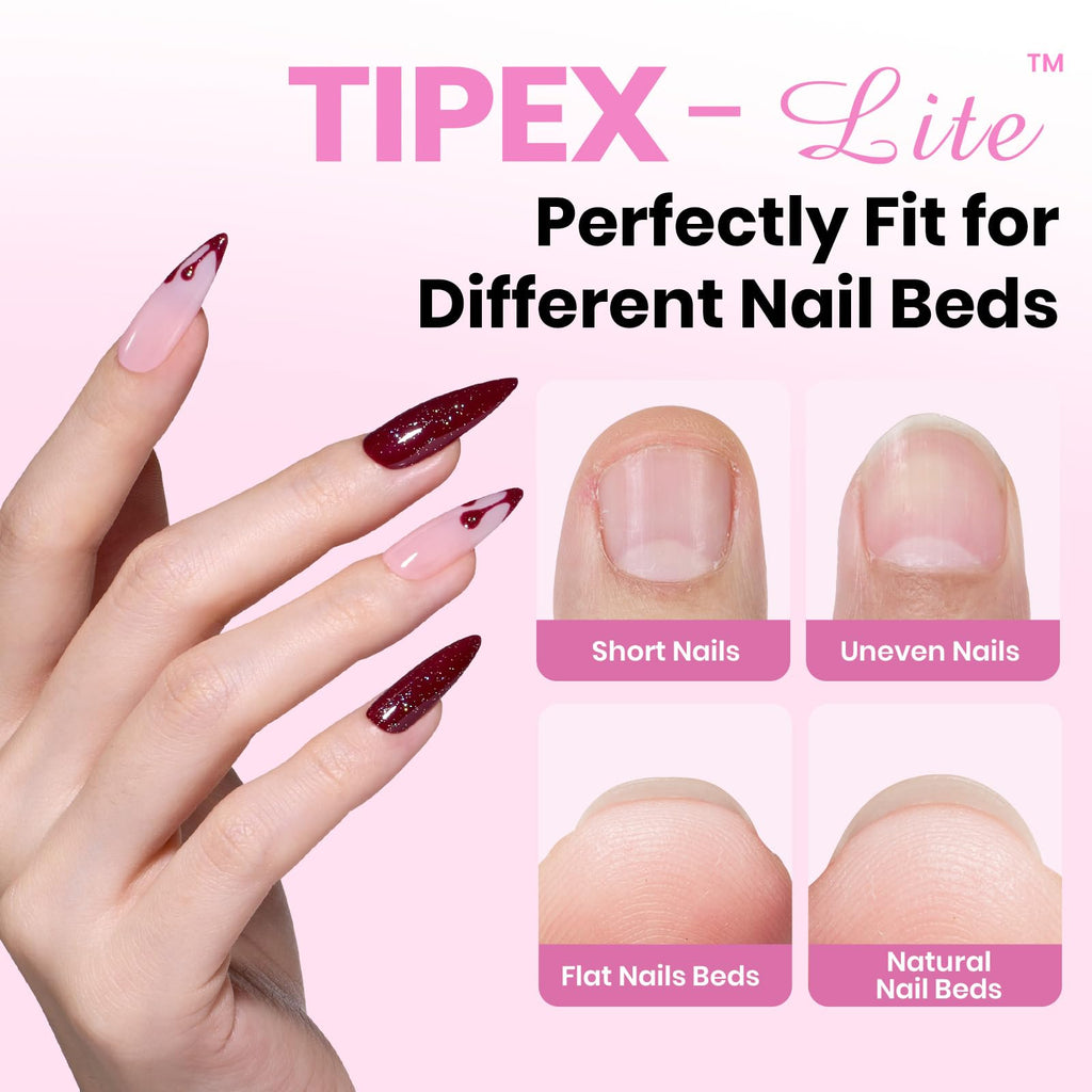 Beetles Tipex Lite Apex Nail Tips Kit — Stiletto Medium, 192pcs, UV Glue, Base & Top Coat, Mini Lamp & Tools
