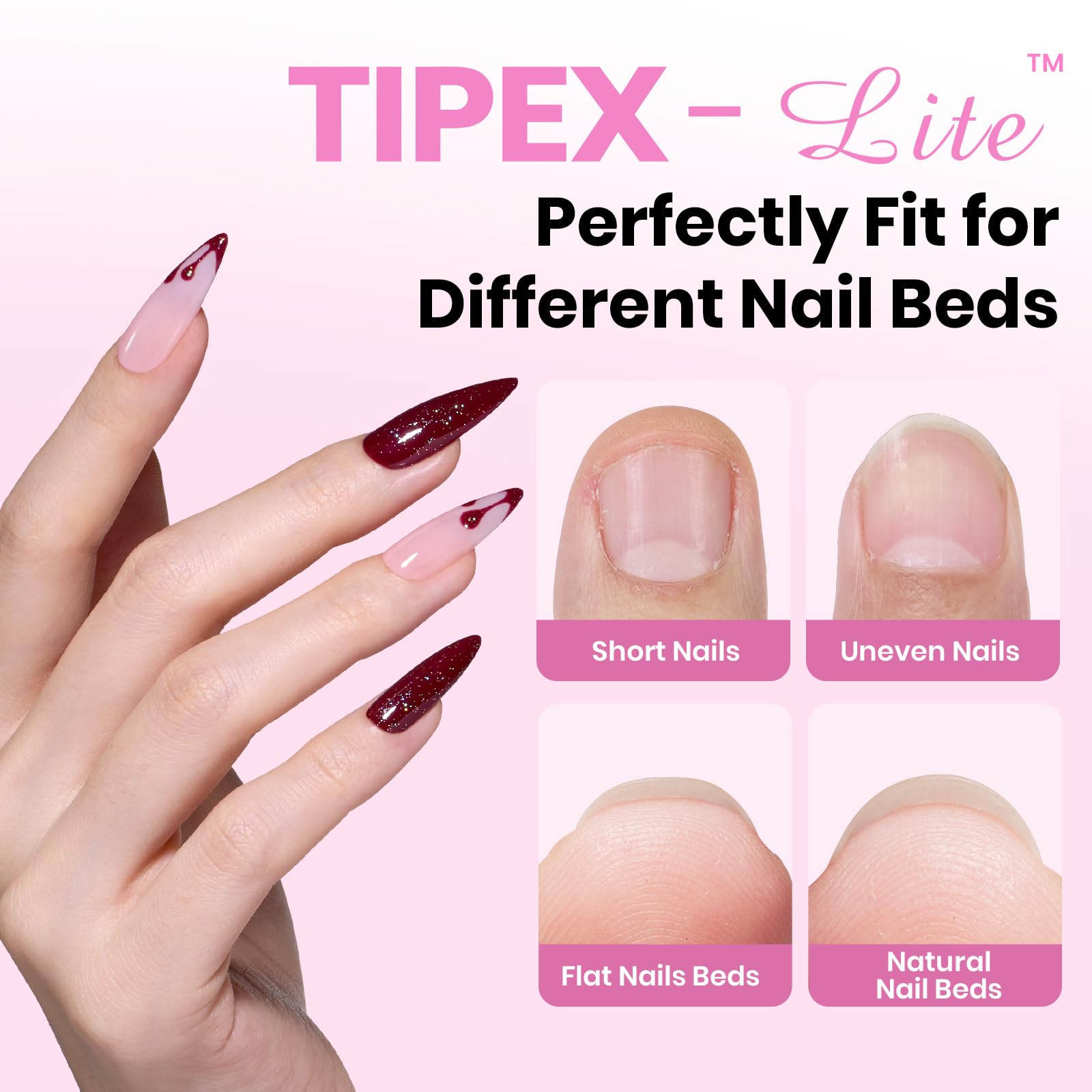 Beetles Tipex Lite Apex Nail Tips Kit — Stiletto Medium, 192pcs, UV Glue, Base & Top Coat, Mini Lamp & Tools