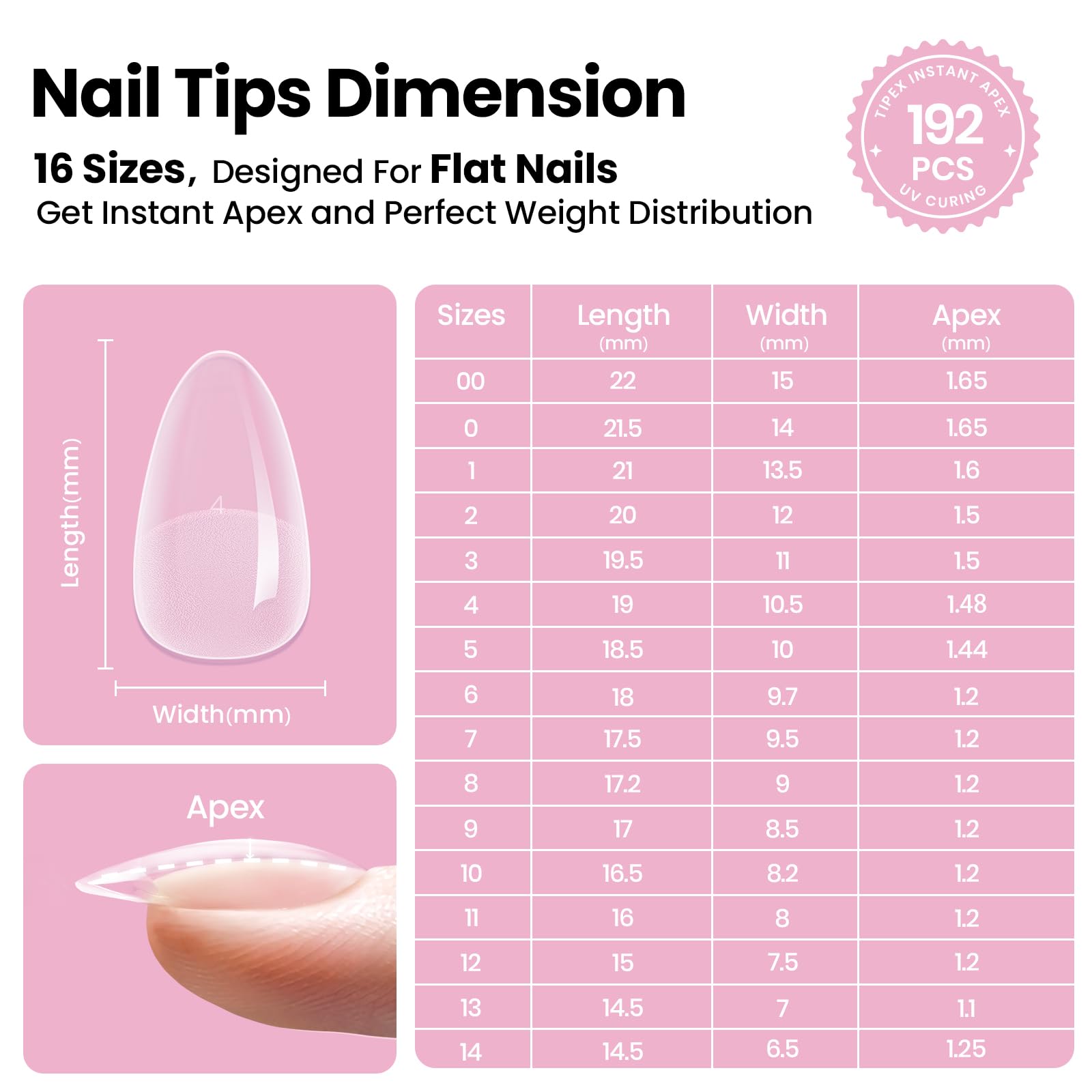 Beetles Tipex Lite Apex Nail Tips Kit – Almond Short, 192pcs + UV Glue, Base & Top Coat, Mini Lamp
