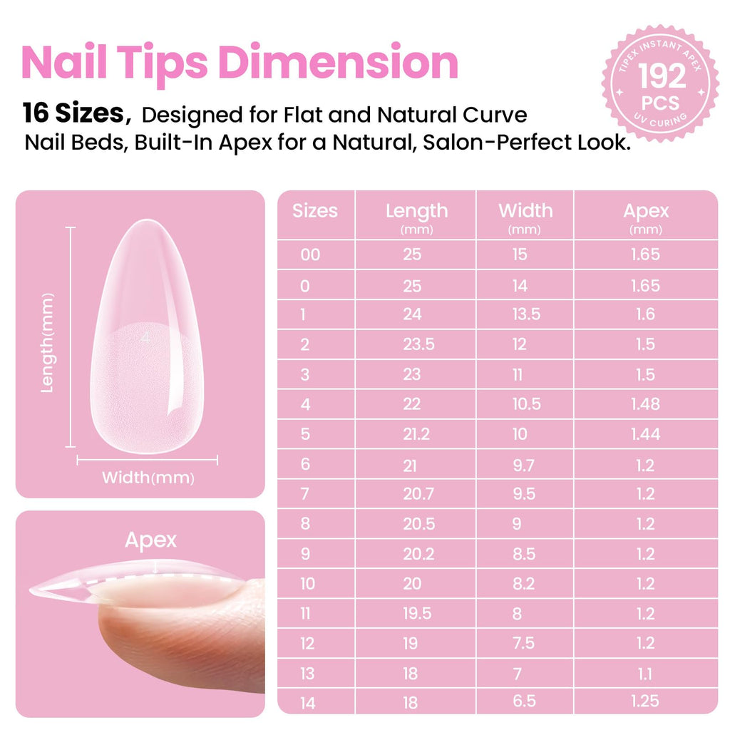 Beetles Tipex Lite Apex Nail Tips Kit – Almond Medium, 192pcs, UV Glue & Mini Lamp