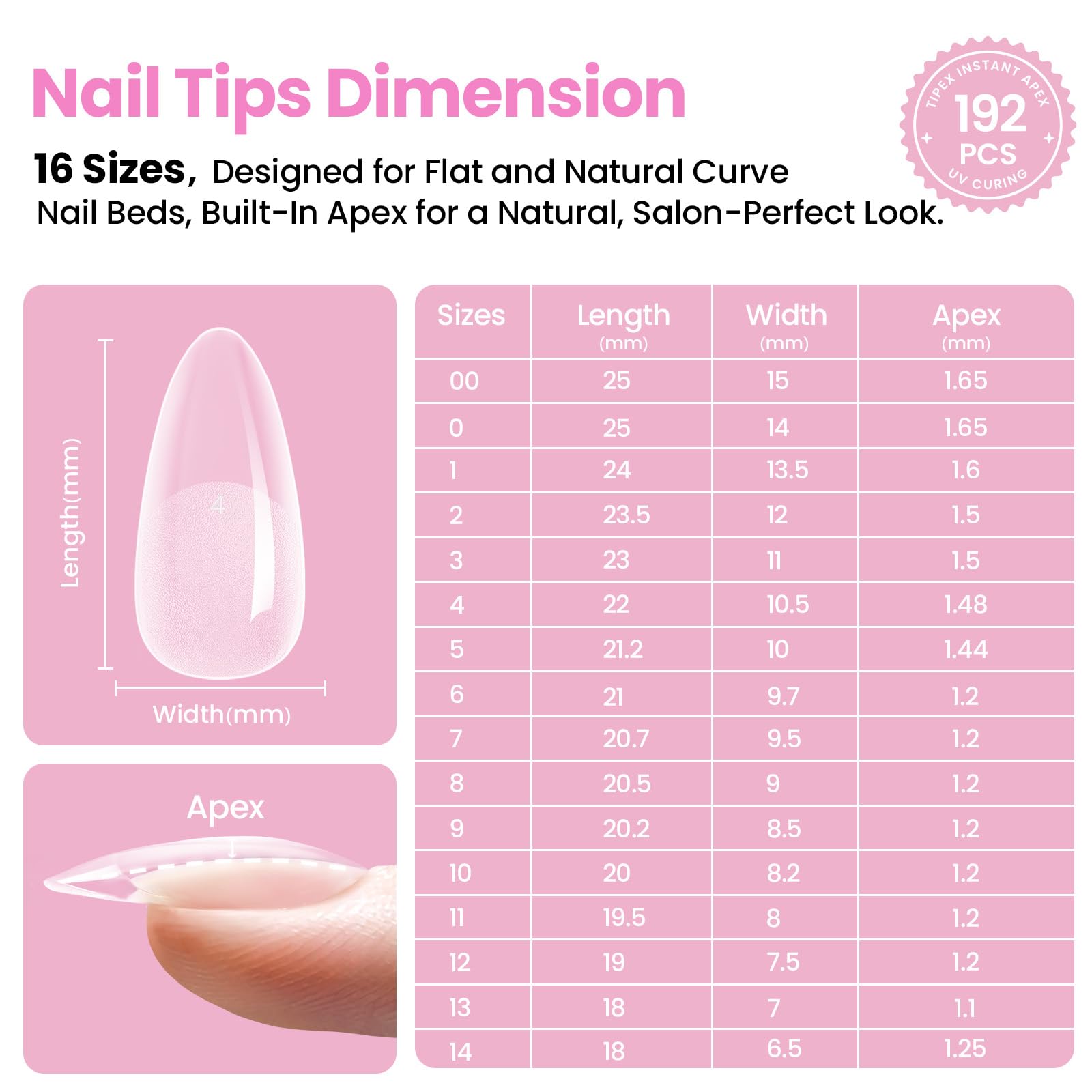 Beetles Tipex Lite Apex Nail Tips Kit – Almond Medium, 192pcs, UV Glue & Mini Lamp