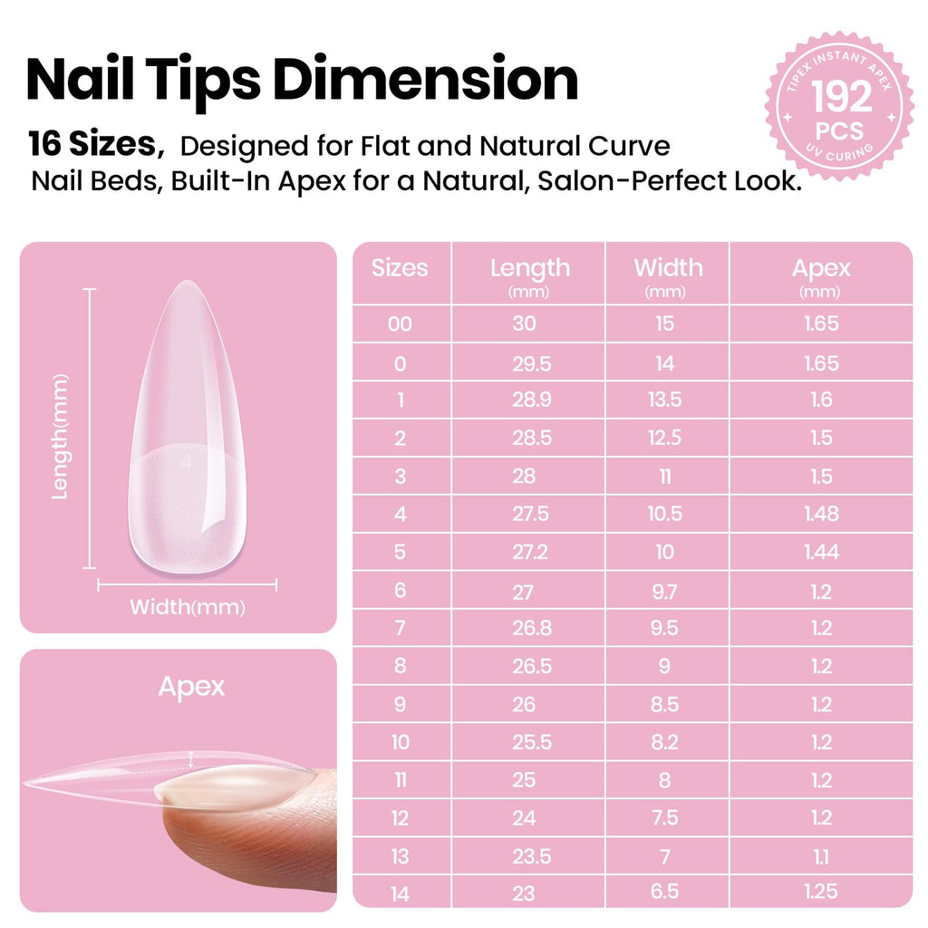 Beetles Tipex Lite Apex Nail Tips Kit — Stiletto Medium, 192pcs, UV Glue, Base & Top Coat, Mini Lamp & Tools