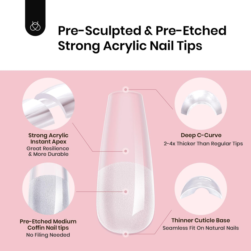 Beetles Tipex Instant Apex Nail Tips – Medium Coffin, 192 Pcs, Pre-Built & Pre-Etched