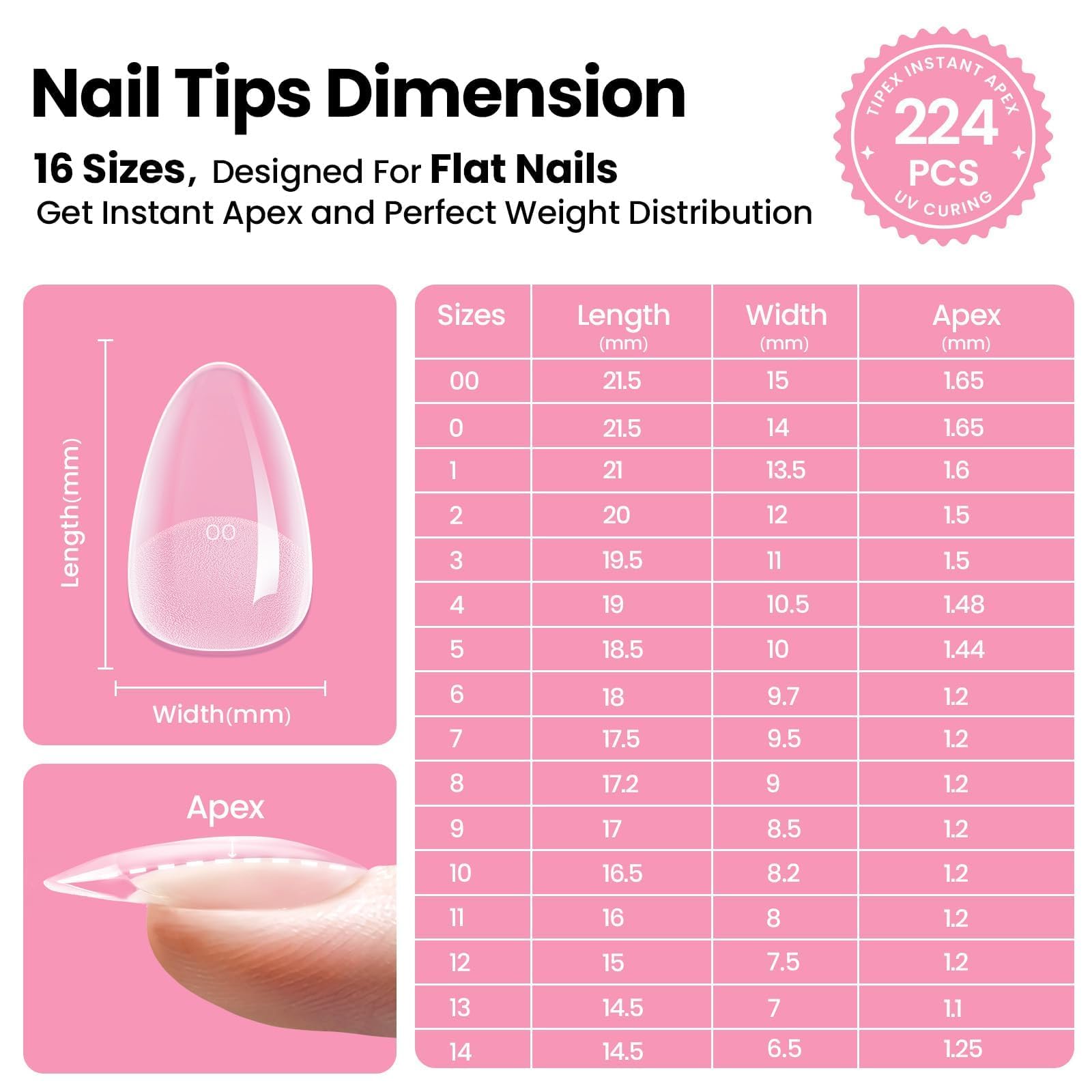 Beetles Tipex Instant Apex Nail Tips Kit – Almond Short, 224Pcs + UV Glue, Dehydrator, Primer, Base & Top Coat, Mini UV Lamp