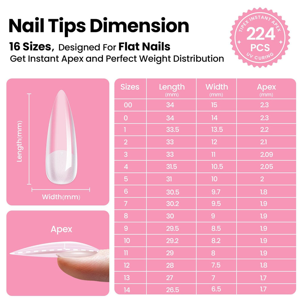 Beetles Tipex Instant Apex Nail Tips Kit – Stiletto Long Pre-Built Tips, 224PCS, Glue, UV Lamp, 16 Sizes