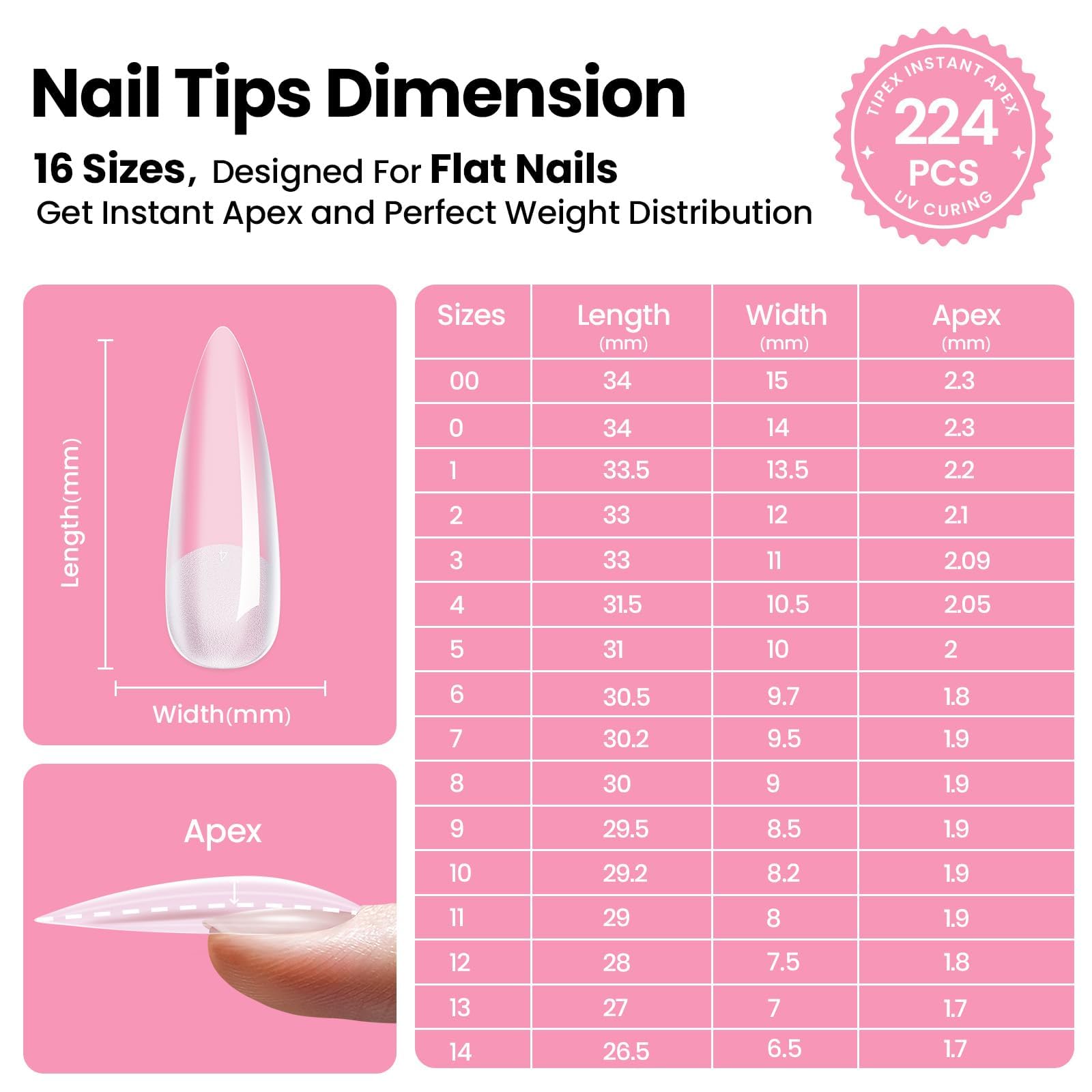 Beetles Tipex Instant Apex Nail Tips Kit – Stiletto Long Pre-Built Tips, 224PCS, Glue, UV Lamp, 16 Sizes