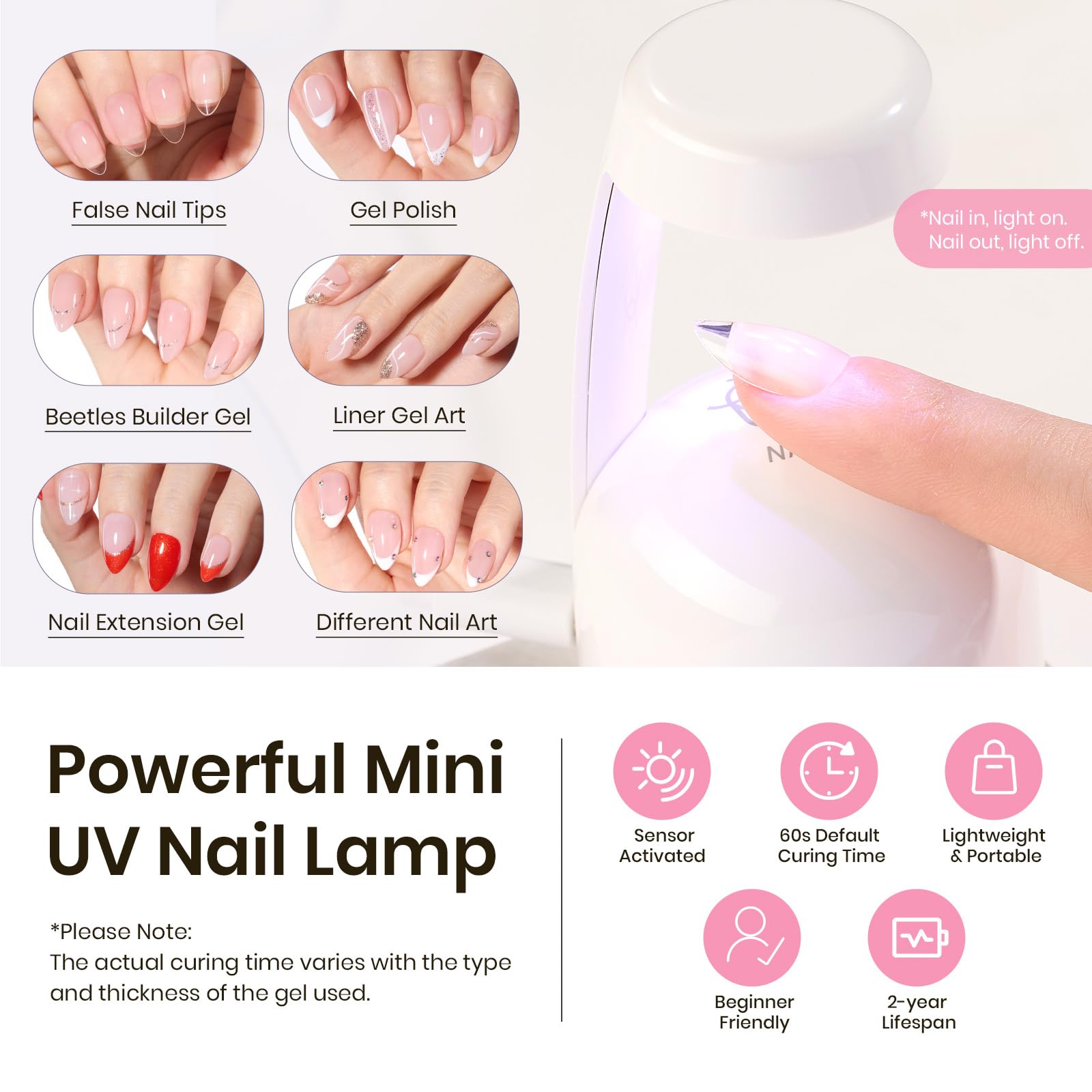 Beetles Tipex Instant Apex Nail Tips Kit – Almond Short, 224Pcs (16 Sizes) with Mini UV Lamp