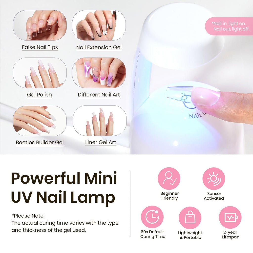 Beetles Tipex Pre-Building Instant Apex Nail Tips Kit – Coffin Medium, 224PCS in 16 Sizes | All-in-One Gel Nail Extension with Mini UV Lamp