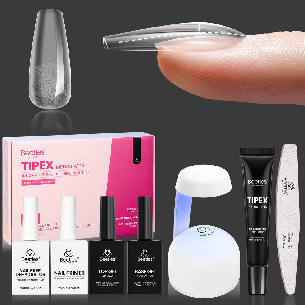 Beetles Tipex Pre-Building Instant Apex Nail Tips Kit – Coffin Medium, 224PCS in 16 Sizes | All-in-One Gel Nail Extension with Mini UV Lamp