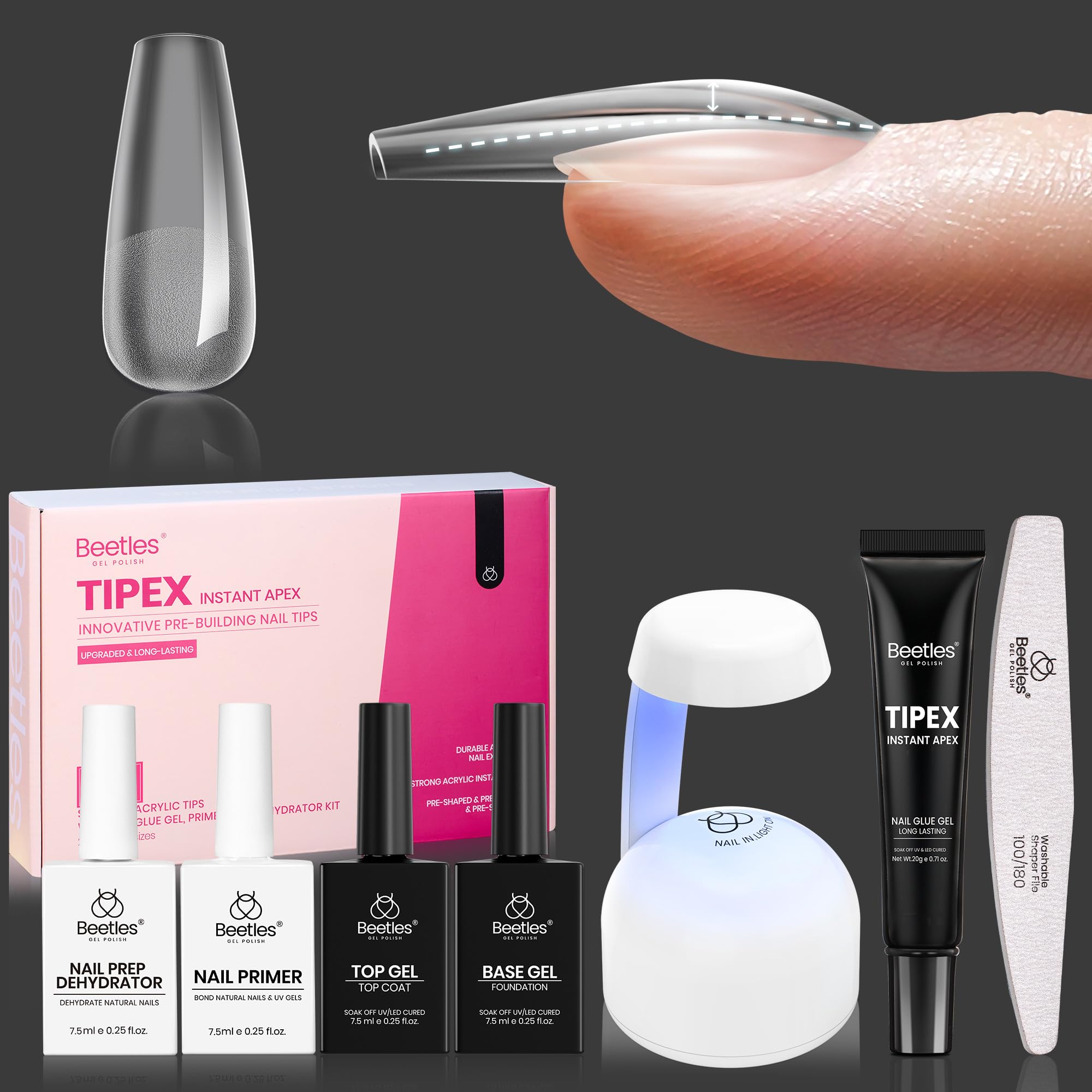Beetles Tipex Pre-Building Instant Apex Nail Tips Kit – Coffin Medium, 224PCS in 16 Sizes | All-in-One Gel Nail Extension with Mini UV Lamp