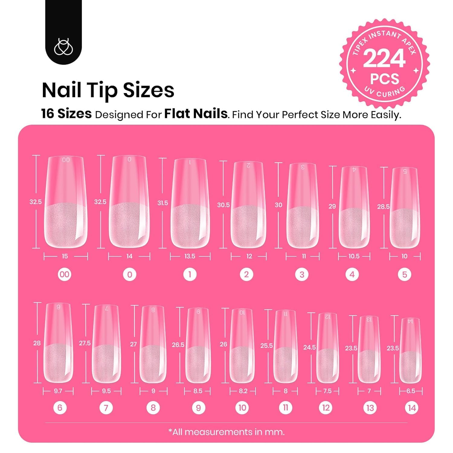 Beetles Tipex Nail Tips Kit Long Square – 224 Pcs, 16 Sizes, Pre-Etched Thick Tips, Mini UV Lamp & Glue