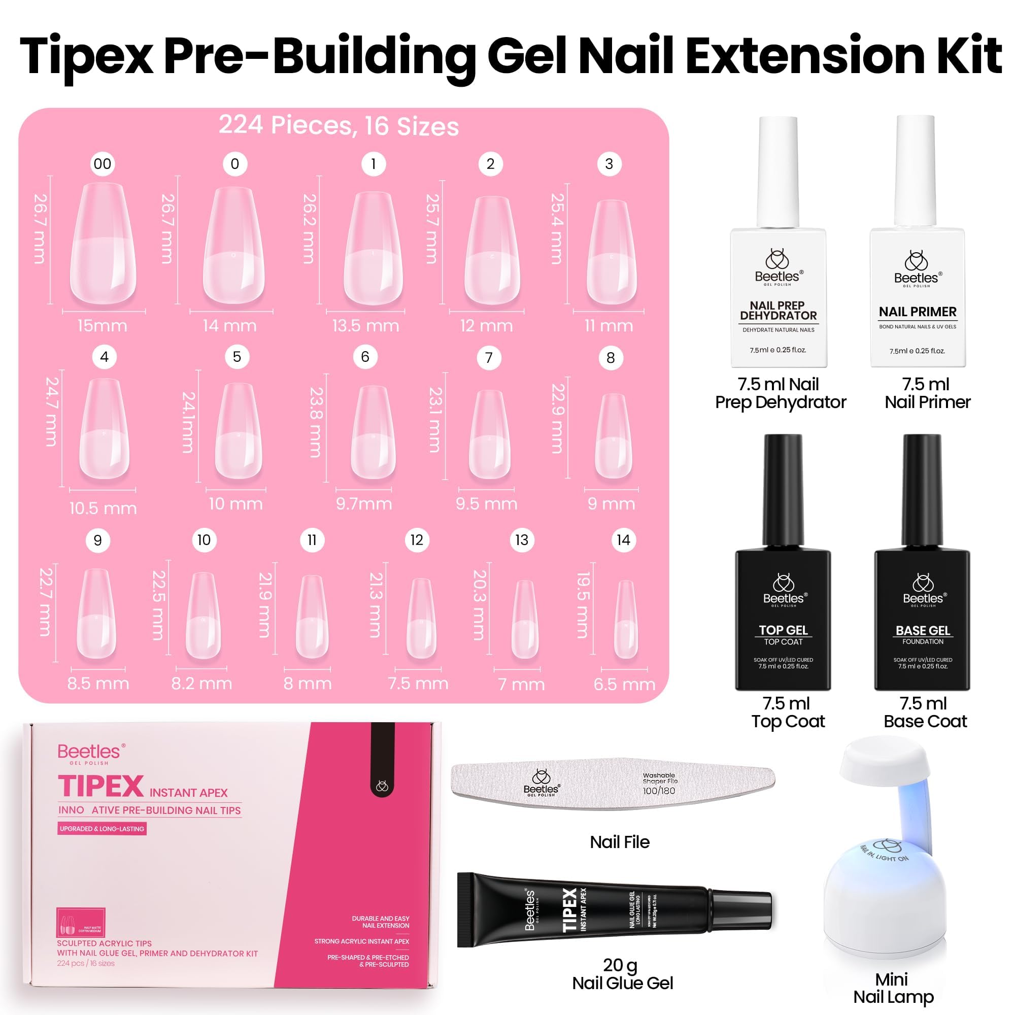 Beetles Tipex Pre-Building Instant Apex Nail Tips Kit – Coffin Medium, 224PCS in 16 Sizes | All-in-One Gel Nail Extension with Mini UV Lamp