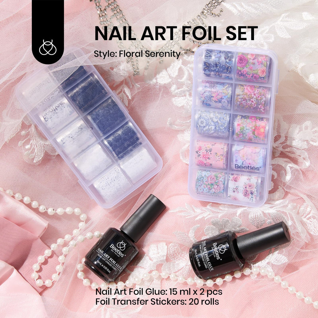 Beetles Nail Foil Glue Gel 2x15ml + 20 Lace Flower Butterfly Stickers | LED Lamp DIY Manicure