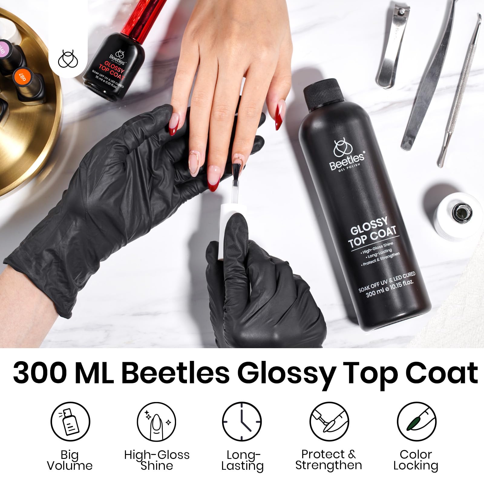 Beetles Extra Glossy Top Coat Bulk 300ml — No-Wipe Gel Top Coat, High Shine