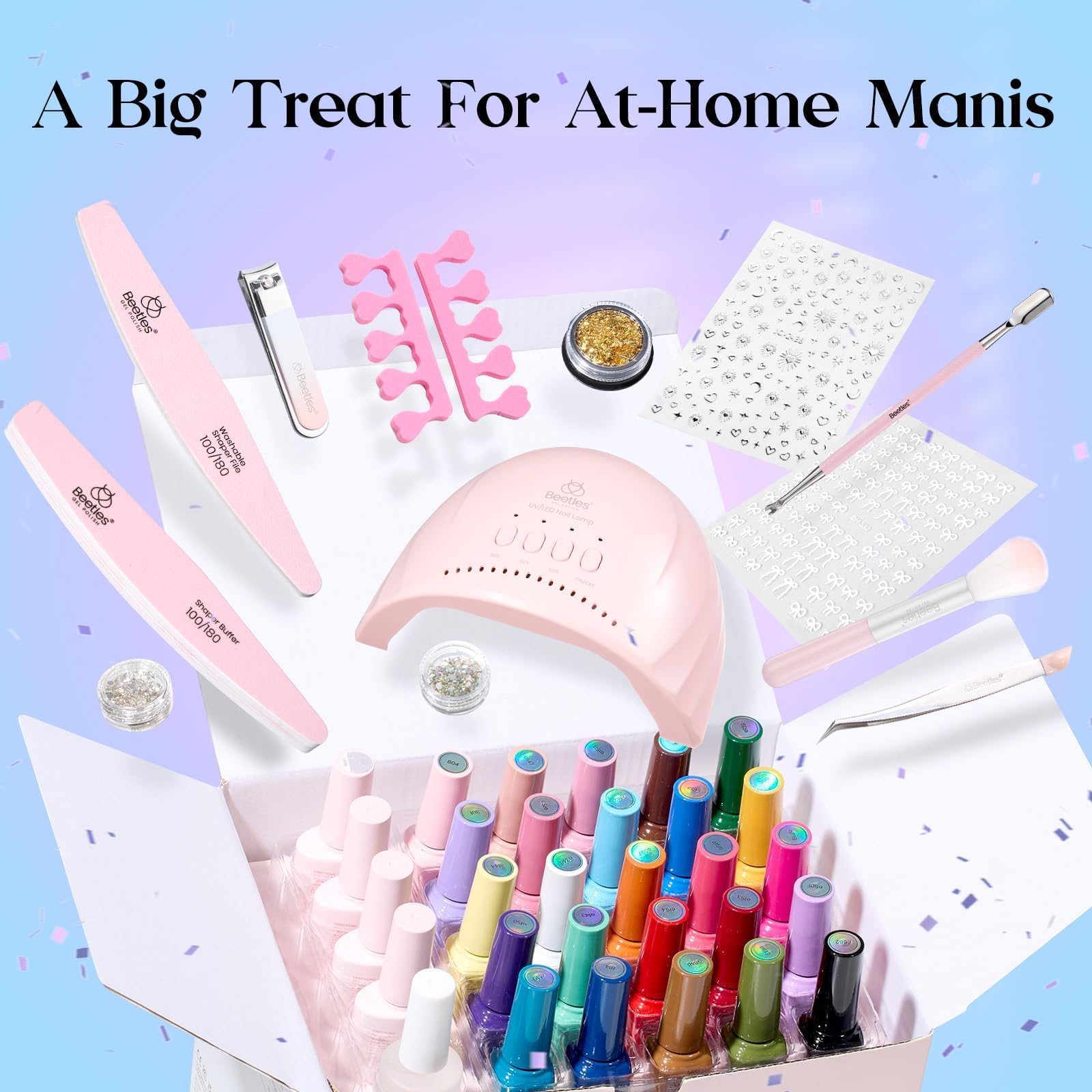 Beetles Gel Nail Polish Kit with UV Light – 25 Colors Valentine Set, 45 Pcs DIY Manicure Kit