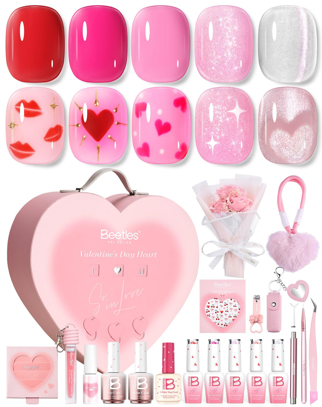 Beetles So In Love Collection – Glow In Love Valentine Gel Nail Polish Set | Pink Gel Nail Art Kit with Base & Top Coat