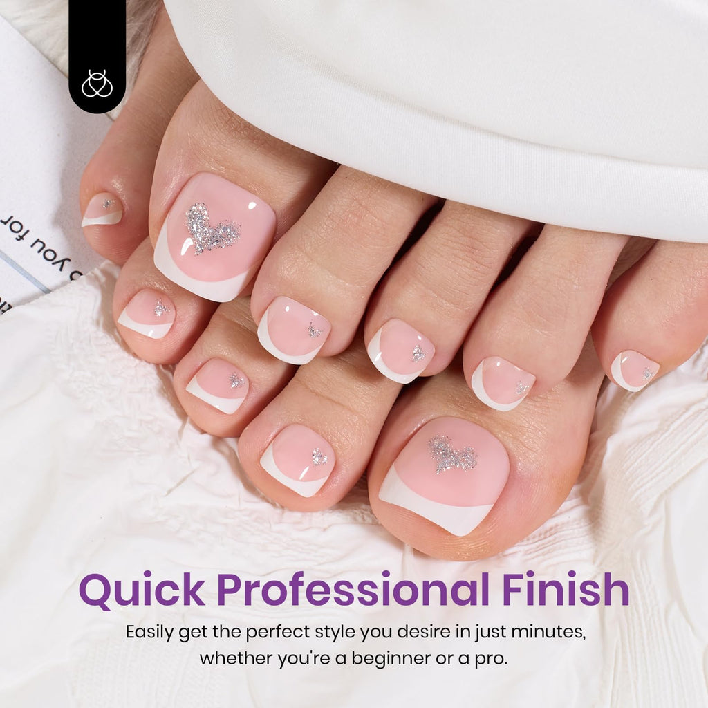Beetles X Press Plus French Tip Toenails – Ivory French, Pink Short Square Press-On Toe Nails (252 Pcs, 18 Sizes) – Salon-Quality Gel Tips