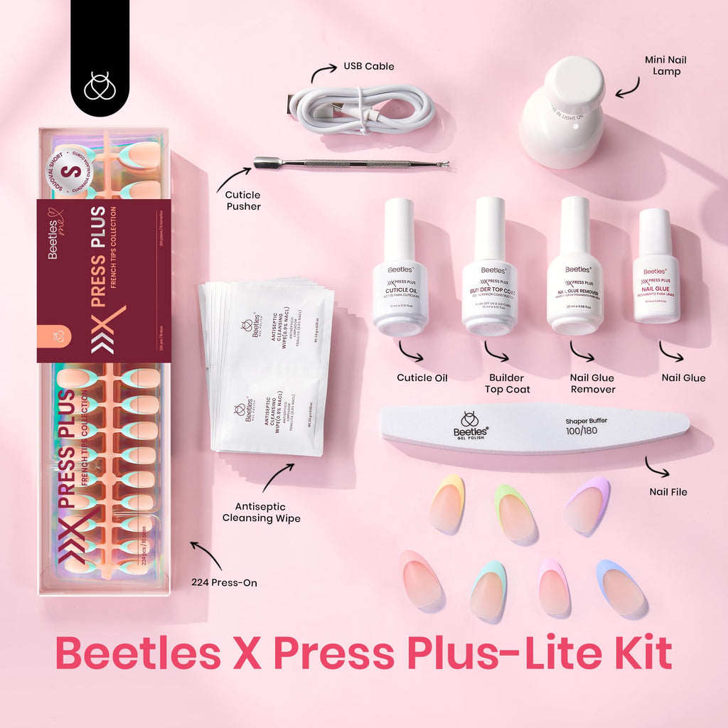 Beetles X Press Plus French Tips Press On Nails – 224 Pcs Pastel Short Almond Kit