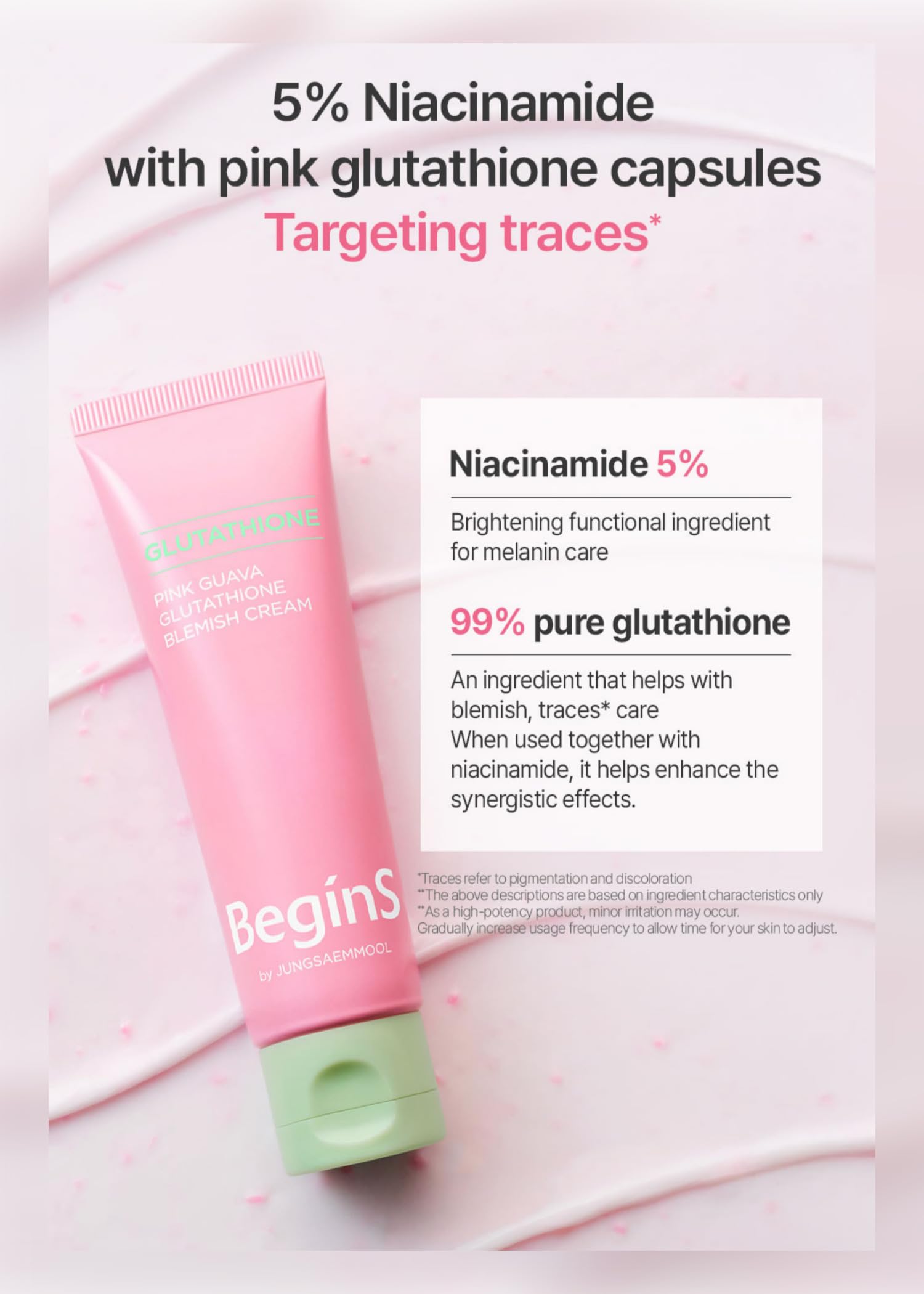 BeginS by JUNGSAEMMOOL Pink Guava Glutathione Blemish Cream – Lightweight Moisturizer with 99% Glutathione, Niacinamide & Vitamin C