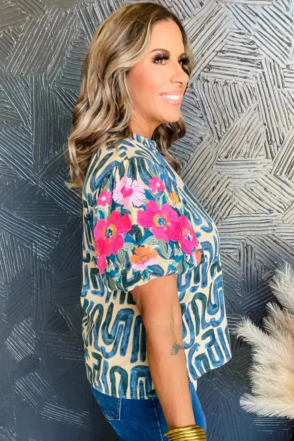 Multi-Colour Embroidered Puff Sleeve Top Women UK