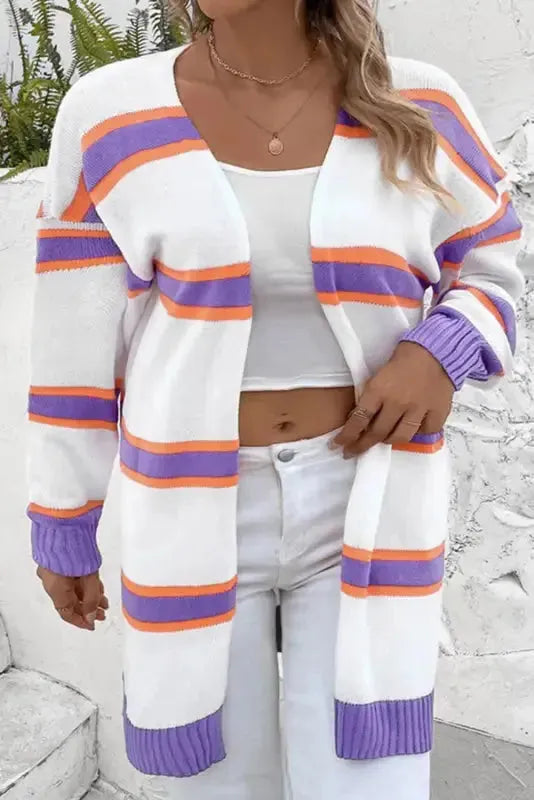 Striped Long Sleeve Ribbed Trim Button Cardigan Women UK