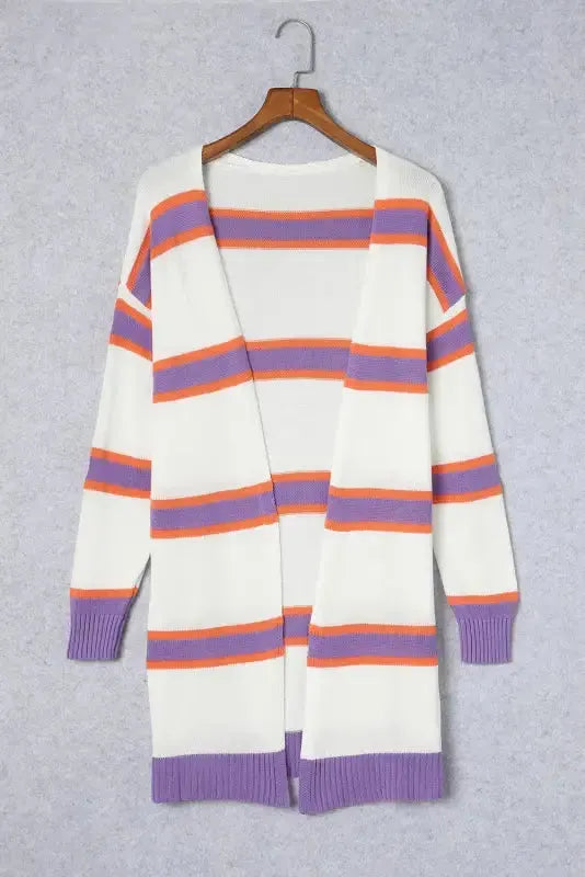 Striped Long Sleeve Ribbed Trim Button Cardigan Women UK