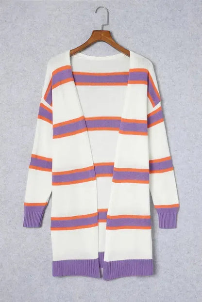 Striped Long Sleeve Ribbed Trim Button Cardigan Women UK