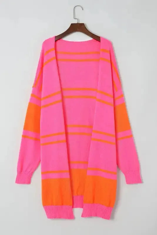 Striped Long Sleeve Ribbed Trim Button Cardigan Women UK
