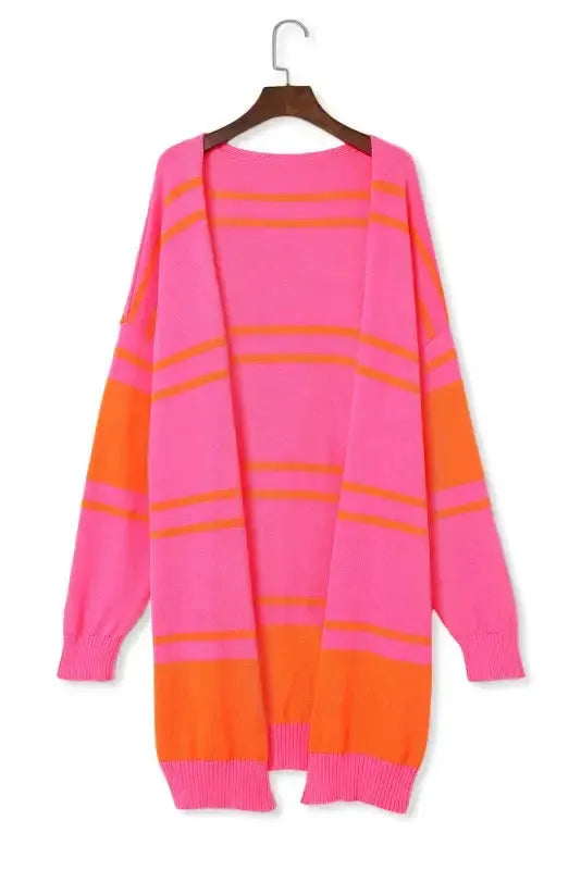 Striped Long Sleeve Ribbed Trim Button Cardigan Women UK