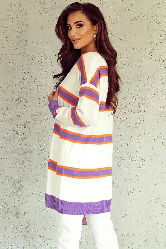 Striped Long Sleeve Ribbed Trim Button Cardigan Women UK