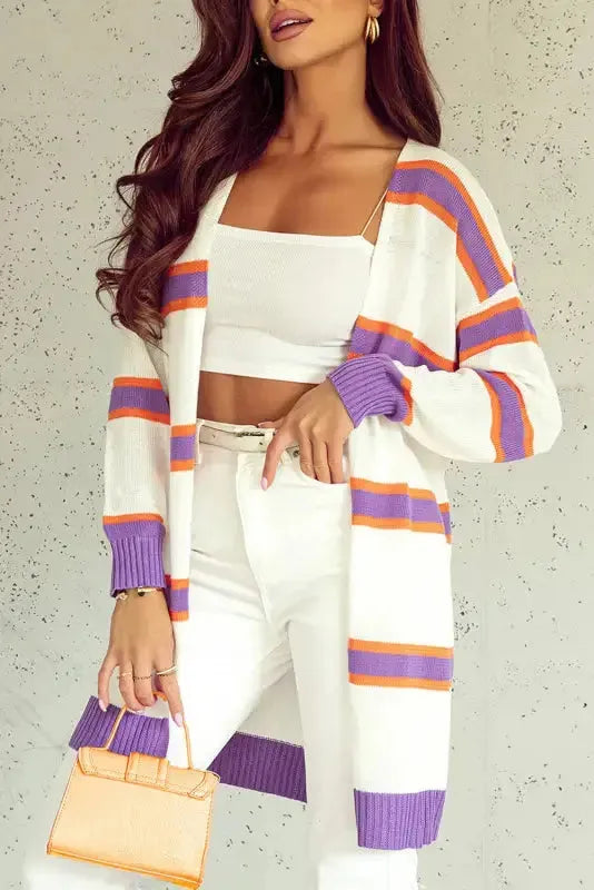 Striped Long Sleeve Ribbed Trim Button Cardigan Women UK