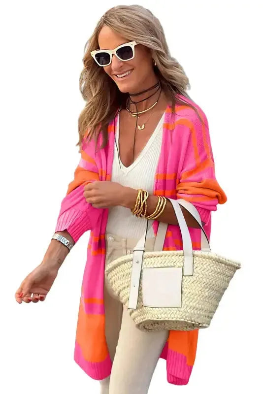 Striped Long Sleeve Ribbed Trim Button Cardigan Women UK