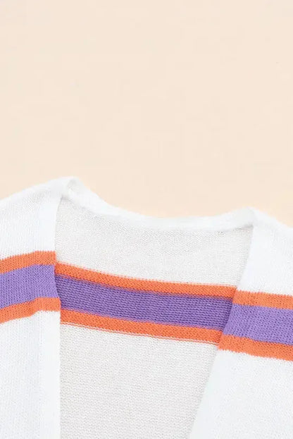 Striped Long Sleeve Ribbed Trim Button Cardigan Women UK