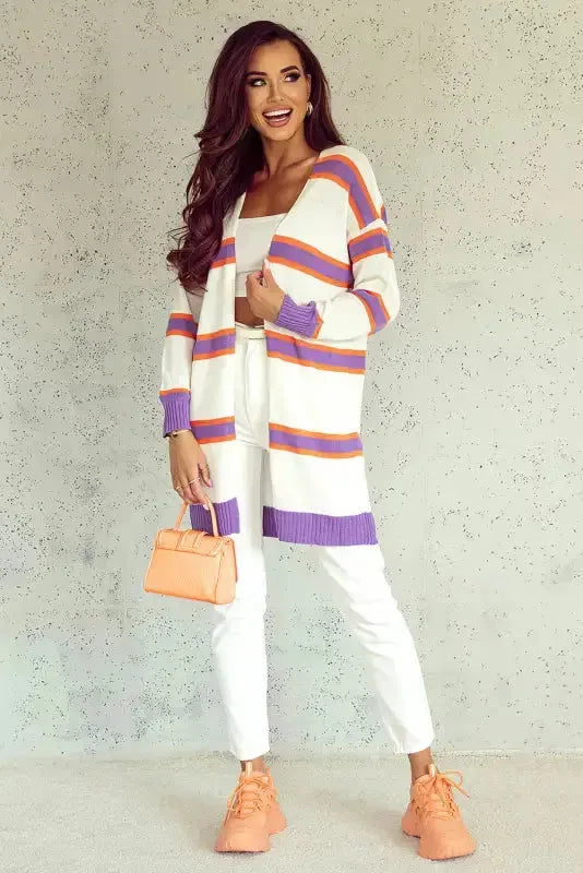 Striped Long Sleeve Ribbed Trim Button Cardigan Women UK