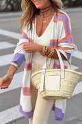 Striped Long Sleeve Ribbed Trim Button Cardigan Women UK